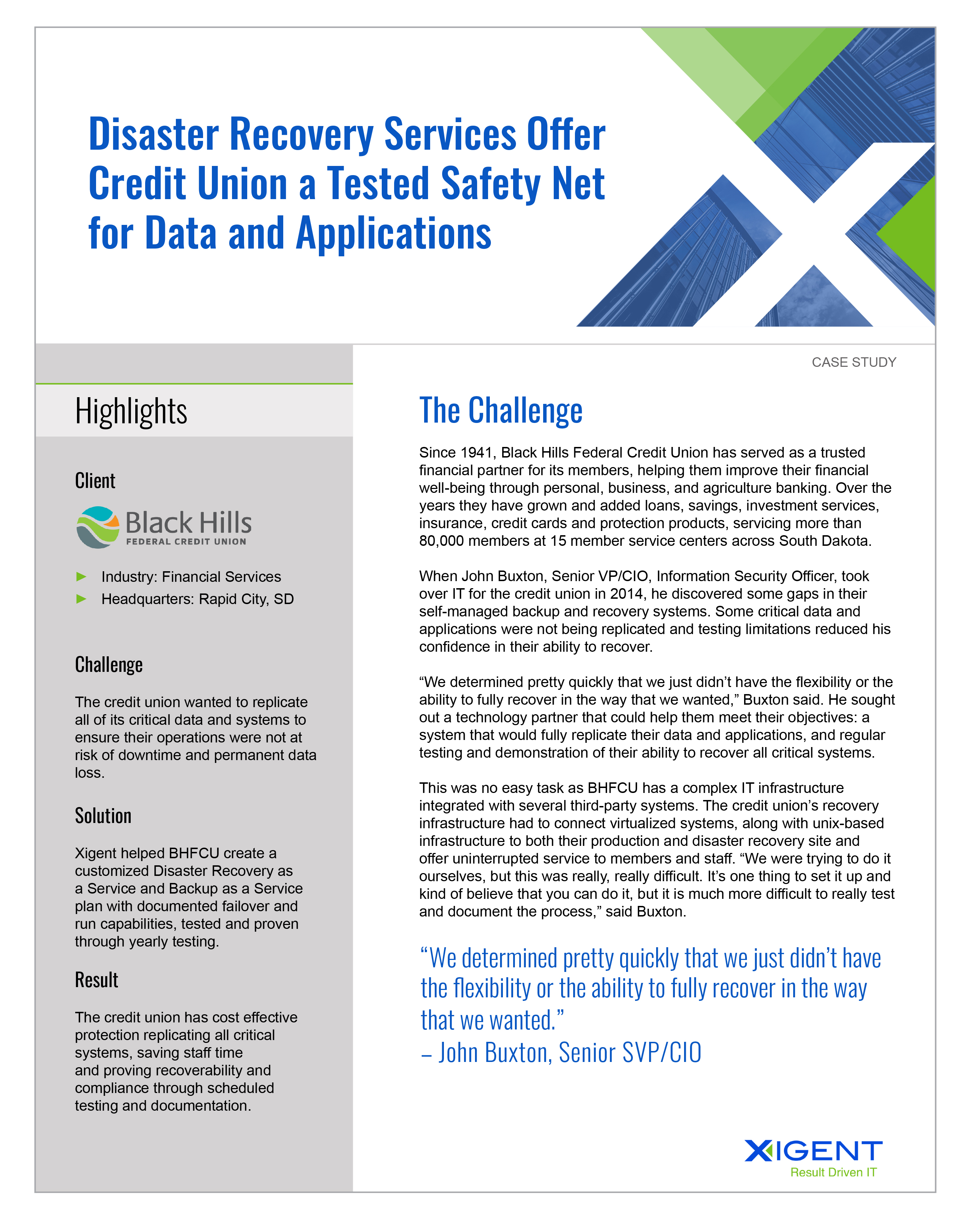Xigent Credit Union DRaaS Case Study Thumbnail